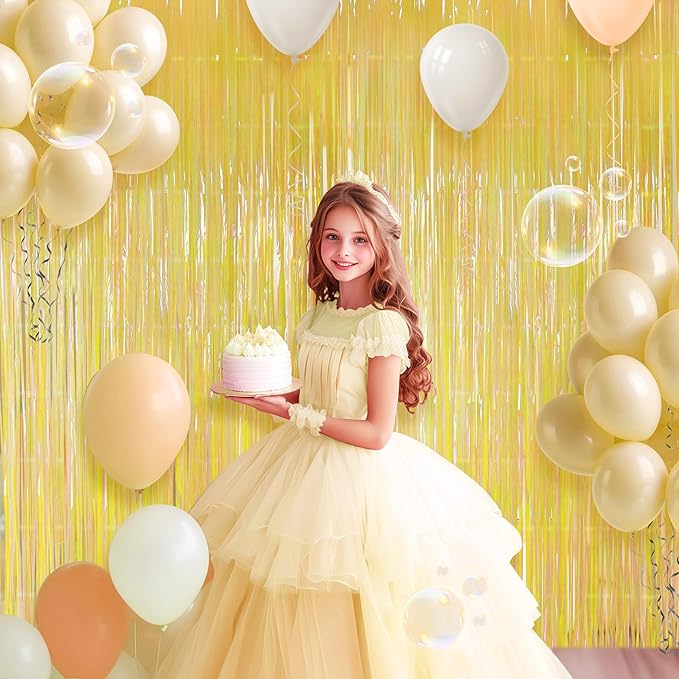 2 Pack Yellow Iridescent Streamers Backdrop, 3.3x6.6ft Foil Fringe Curtains - Image 3