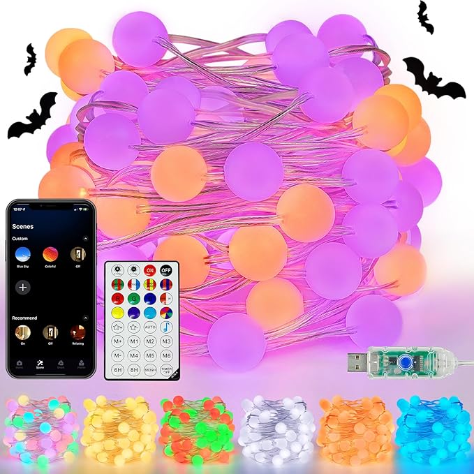 Smart Color Changing Halloween Lights, 33FT 66LED App Control RGB Globe String by LORRYTE