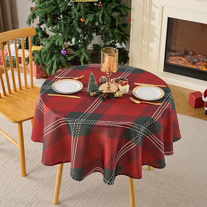 Christmas Tablecloth Round 60 Inch Waterproof, Machine Washable Checkered - Image 8