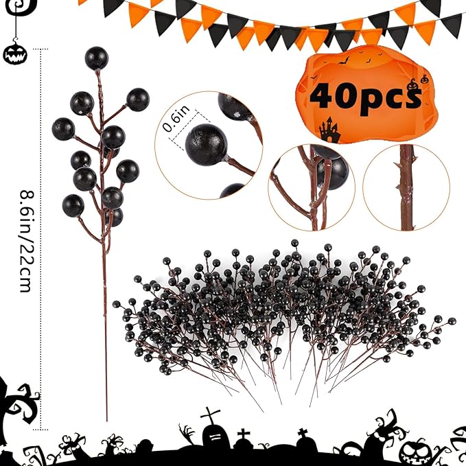 40 Pcs Artificial Berry Stems Branches, Halloween Black Faux Holly Berries - Image 2