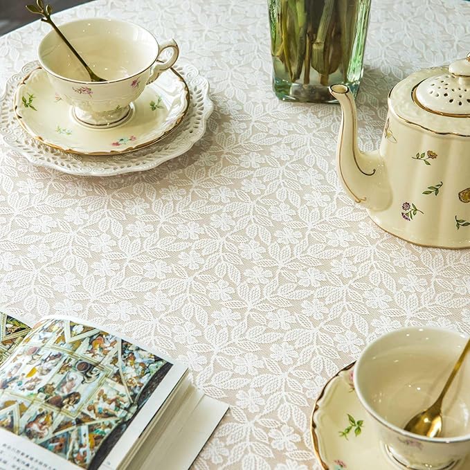Lace Tablecloth Leaf Pattern Warp Knitting Fabric Solid White Round Table Cover - Image 4