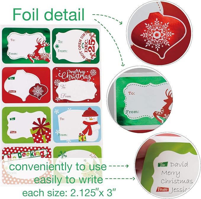 80-Count Foil Christmas Tags Sticker，8 Jumbo Designs - Image 3