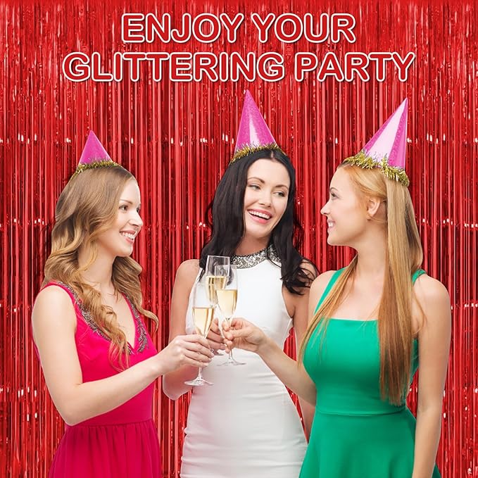 Red Fringe Curtain Party Streamers, 12 Pack 3.3ft x 8.2 ft Foil Curtain - Image 5