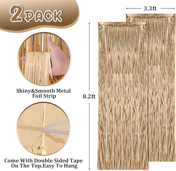 2 Pack Champagne Foil Fringe Backdrop Curtains, Tinsel Streamers Birthday Party - Image 3