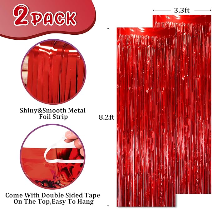 2 Pack Red Tinsel Foil Fringe Curtains, Metallic Tinsel Party Streamers Backdrop - Image 2