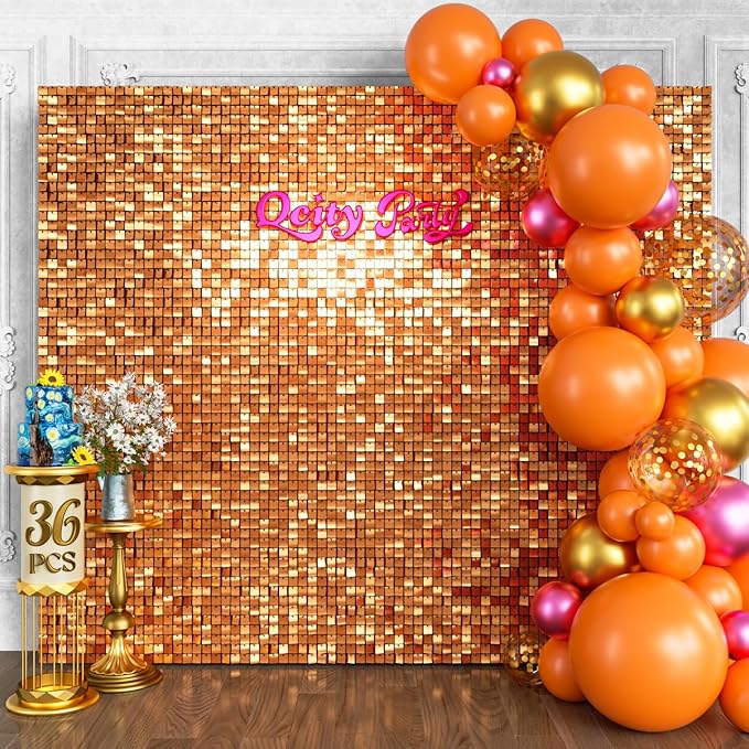 Qcity Orange Shimmer Wall Backdrop 36PCS, Square Sequin Glitter Backdrop Panel by QCITY