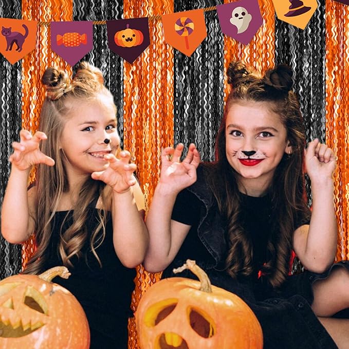 4 Pack Black Orange Wave Foil Fringe Curtain Backdrop, 3.28Ft x 8.2Ft Metallic - Image 4