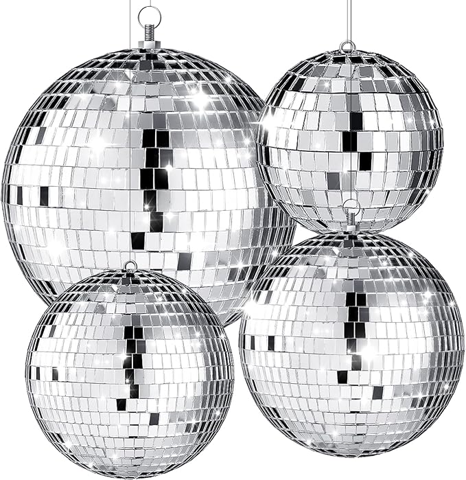 4 pack Large Disco Ball Silver Hanging Disco Balls Reflective Mirror Ball by CHENGU