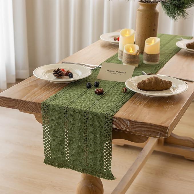 Boho Sage Green Table Runner for Home Decor 12x72 Inches Farmhouse Macrame - Image 2