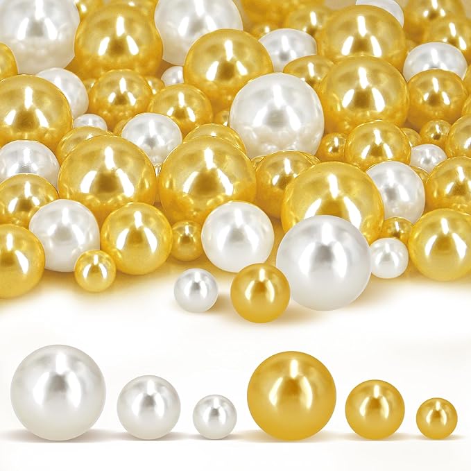 180PCS Cream Gold Beads for Centerpieces Vases, No Hole Polished Pearl Makeup by Cusmation