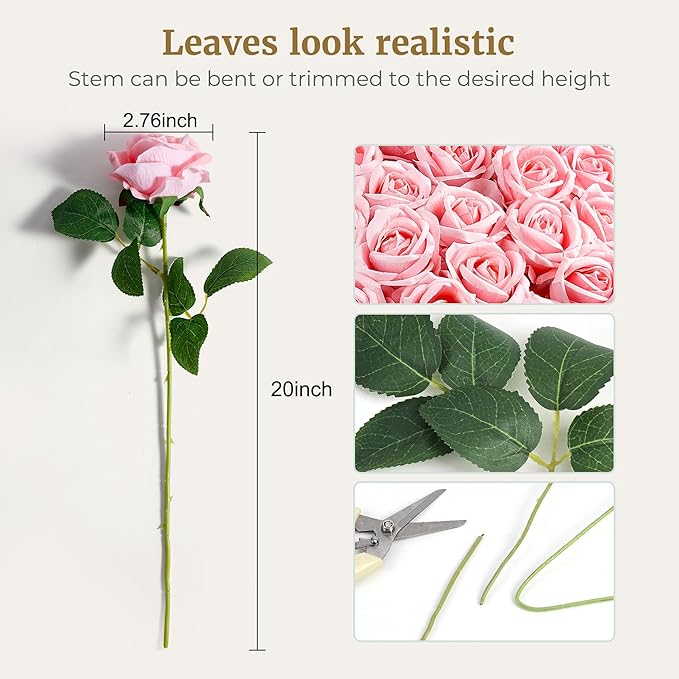 Auihiay 60PCS Pink Roses, Artificial Roses, Velvet Silk Fake Roses, Realistic - Image 2