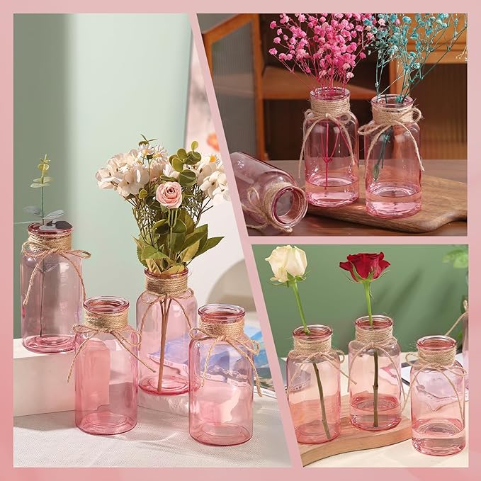 Pink Glass Flower Vases for Centerpieces Set of 12, Mason Jars Boho Cylinder - Image 3