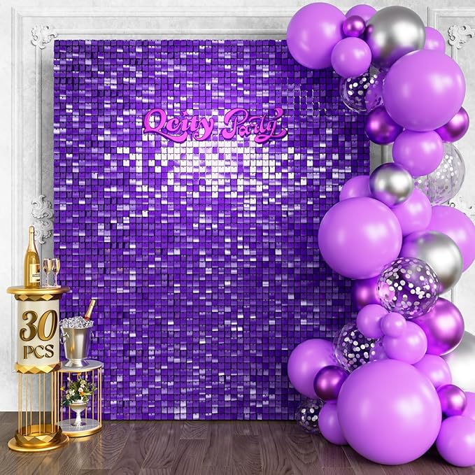 Qcity Purple Shimmer Wall Backdrop 30PCS, Square Sequin Glitter Backdrop Panel by QCITY