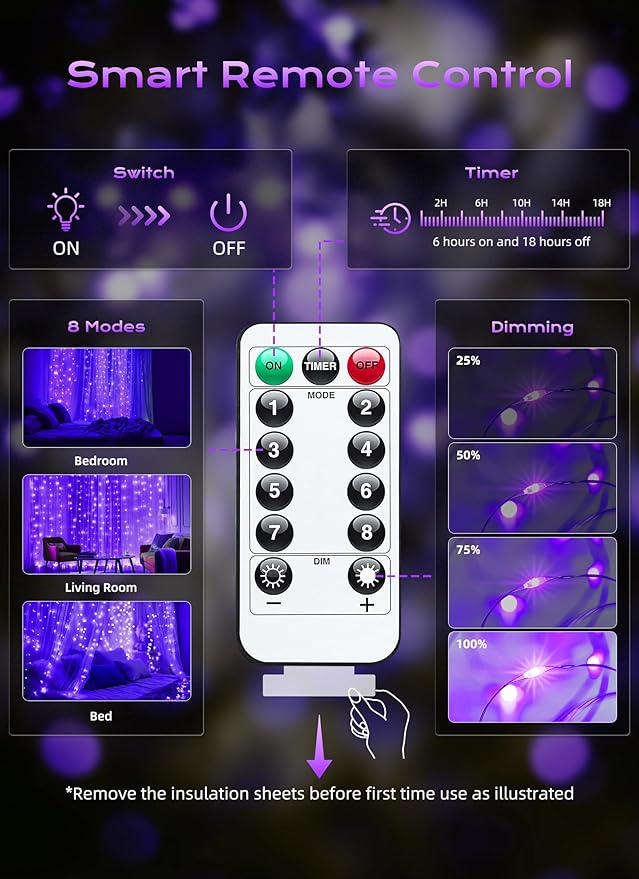Brightown 300 LED Purple Fairy Curtain Lights, 9.8ft x 9.8ft Curtain String - Image 6