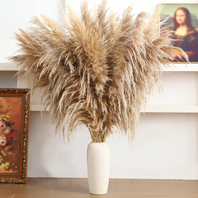 46" inch 11 Stems Natural Pampas Grass Tall Decor, Pompas Grass, Large Borwn by HUATEMEI