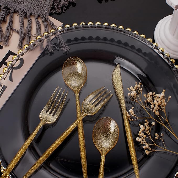 Supernal 180pcs Gold Plastic Silverware Durable Plastic Silverware Gold Glitter - Image 7