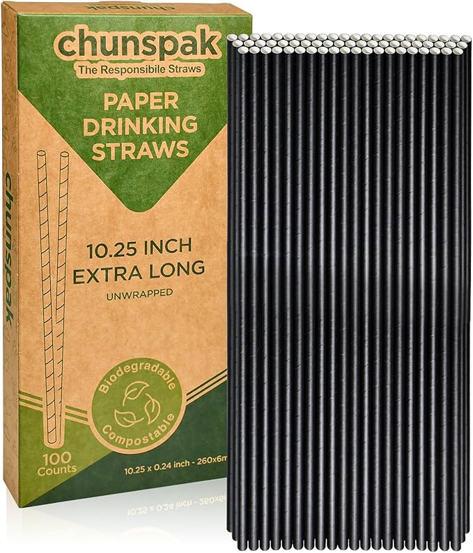 10 Inch Tall Disposable Black Paper Drinking Straws, 0.24" Diameter by chunspak
