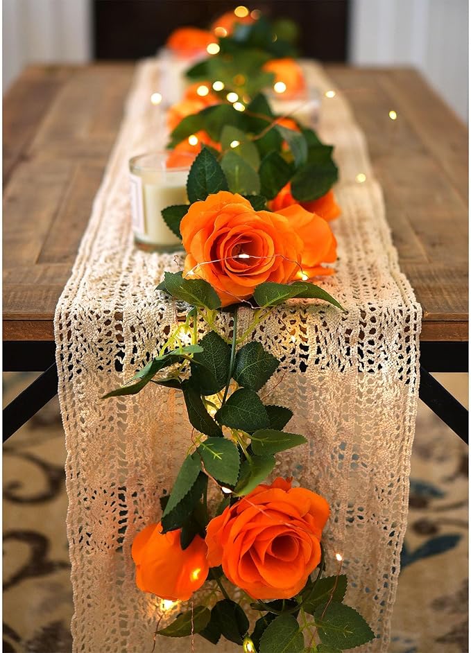 FiveSeasonStuff 29 Ft 4 Pack Mandarin Orange Rose Silk Flower Garland - Image 4
