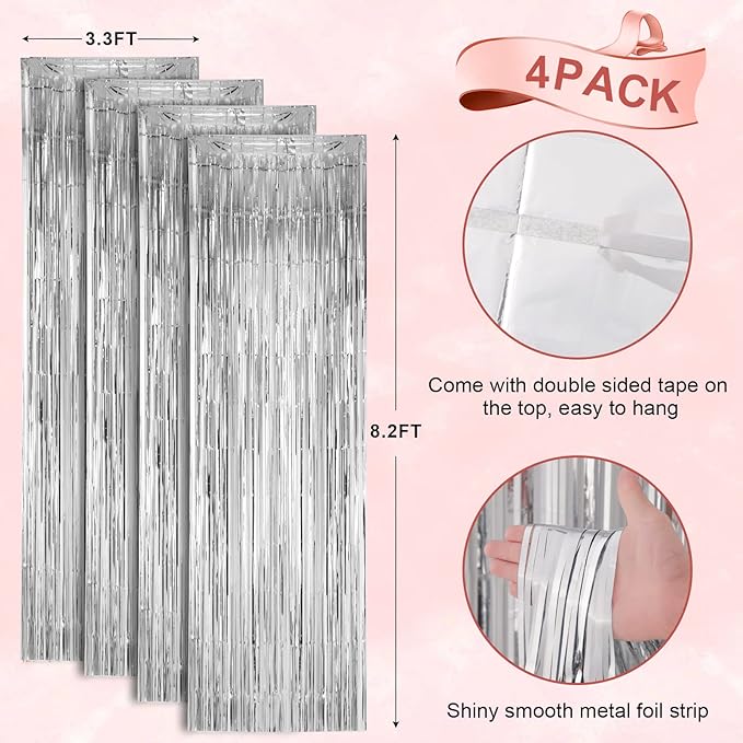 4 Pack Silver Foil Fringe Backdrop Curtains, Tinsel Streamers Birthday Party - Image 3