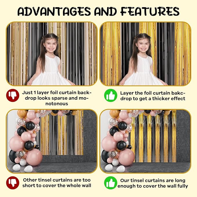 2 Pack Black and Gold Foil Fringe Backdrop Curtains, Tinsel Streamers Birthday - Image 5