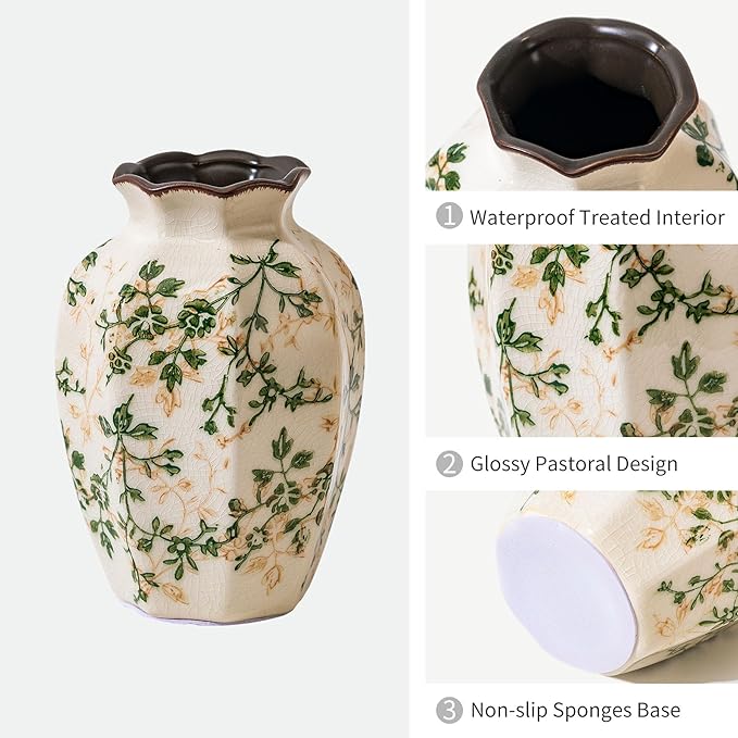 Vintage Pastoral Octagonal Vase, Rustic Farmhouse Vases Chinoiserie Floral - Image 4