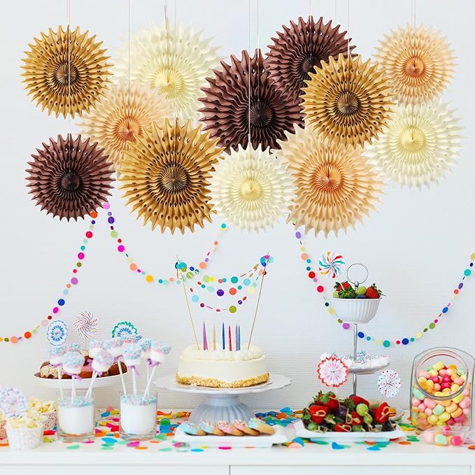 12PCS Paper Fans Brown Neutral Boho Party Decorations Tissue Paper Flowers - Image 2