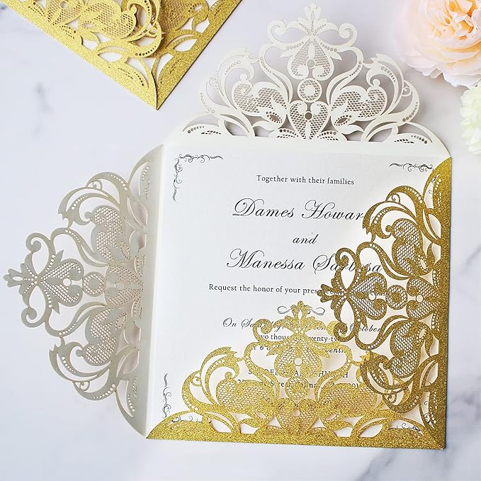 Hosmsua 6.3 x 6.3 Inch 50PCS Gold Glitter Laser Cut Wedding invitation Cards - Image 7