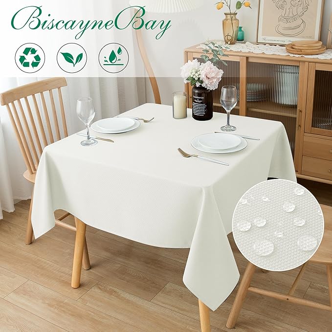 Biscaynebay Textured Fabric Square Tablecloths 70x70 Inches, Ivory Water - Image 2