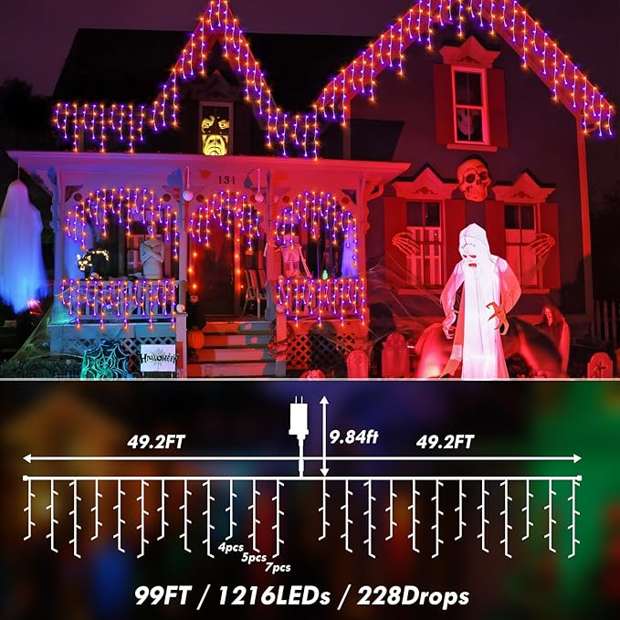 KNONEW 99FT 1216 LED Halloween Lights Decortation Orange Purple String Lights - Image 5