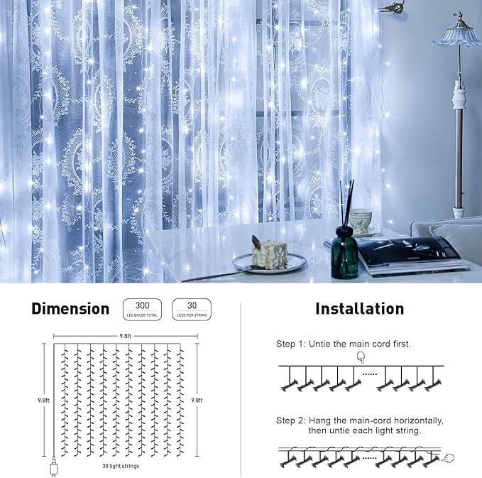 JMEXSUSS 300 LED 9.8x9.8Ft Curtain Lights Indoor - Image 7