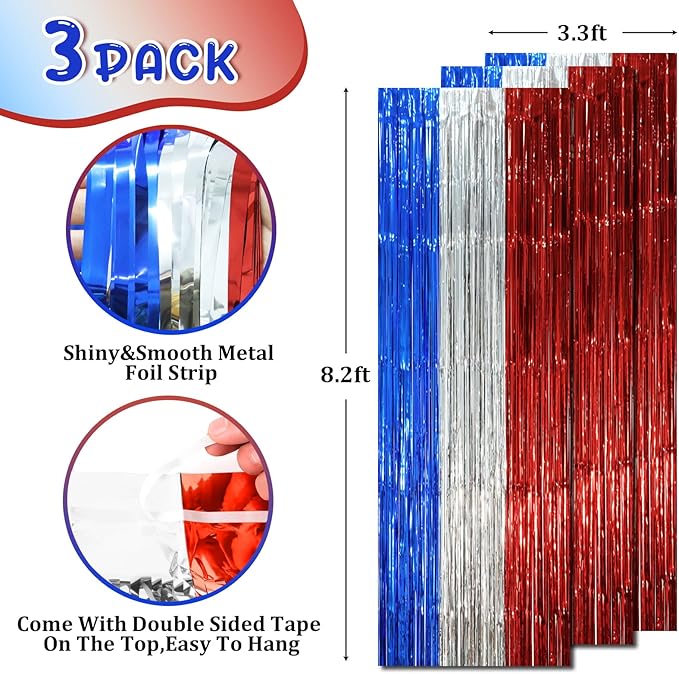 3 Pack 3.3 x 8.2 ft Blue Red Silver Foil Fringe Backdrop Curtains, Tinsel - Image 2