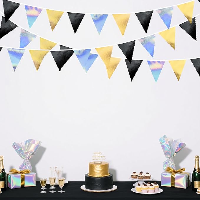 Black Gold Iridescent Party Decorations Triangle Pennant Banner Flag Metallic - Image 4