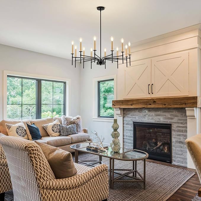 12 Light Modern Farmhouse Black and Gold Chandeliers - Image 4