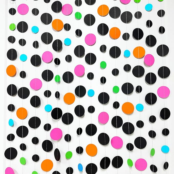 Black and Colorful Circle Dots Hanging Paper Streamer Black Multi-Color Polka by pinkblume