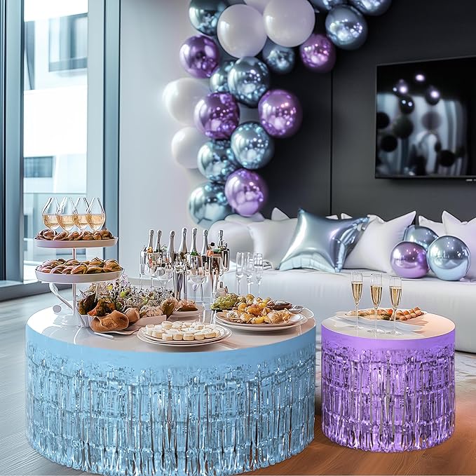 2 Pack Light Blue Light Purple Table Skirts, 29x108" Metallic Foil Tinsel - Image 9