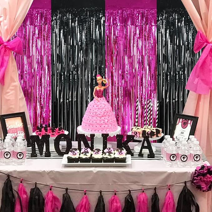 BEISHIDA 4 Pcs Hot Pink Black Door Streamers Curtain Party Streamers Backdrop - Image 3