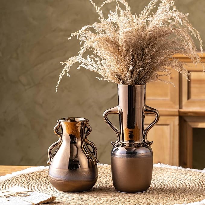 Gold Ceramic Vase with Handles, Modern Amber Brown Tall Centerpiece Floral - Image 7