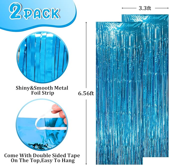 2 Pack Retro Blue Foil Fringe Backdrop Curtains, Tinsel Streamers Party - Image 2
