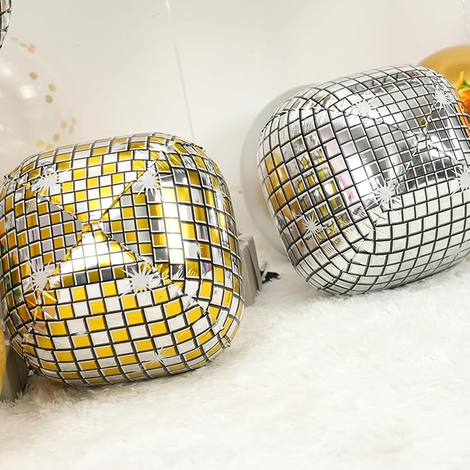 Disco Ball Balloons Gold Silve 4PC, Foil Disco Balloons 22 Inch 4D Round - Image 3