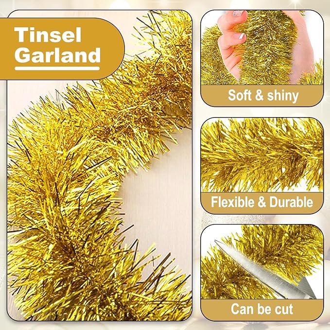 25 Feet Christmas Tinsel Garland, Metallic Twist Wall Hanging Tinsel Backdrop - Image 3