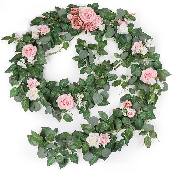 9FT Eucalyptus Garland with Flowers, Artificial Flowers Garland Table Runner by OnlyBloom