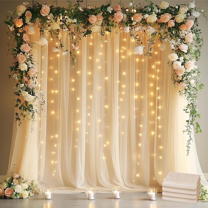 Fomcet Tulle Curtains with Lights String Champagne 20FT X 8FT Sheer Backdrop by Fomcet
