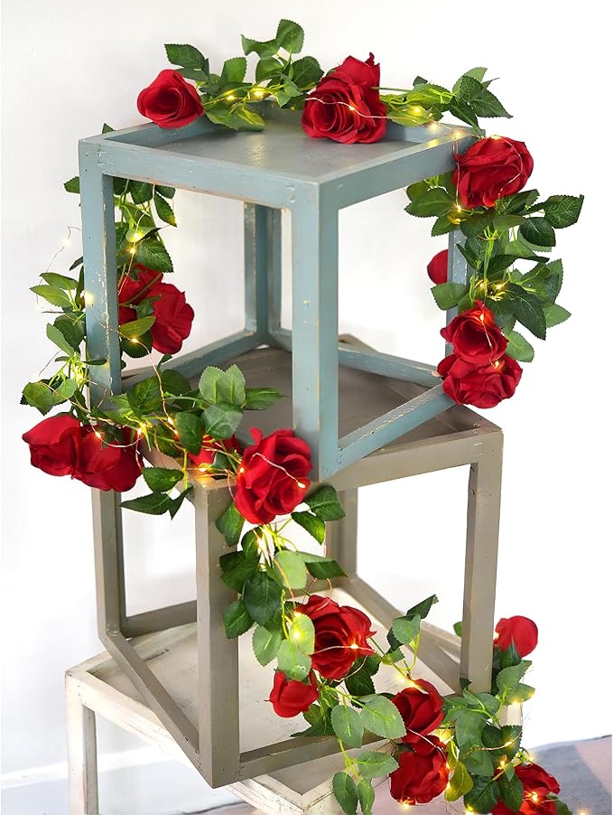 FiveSeasonStuff 29 Ft 4 Pack Christmas Red Rose Silk Flower Garland Artificial - Image 5