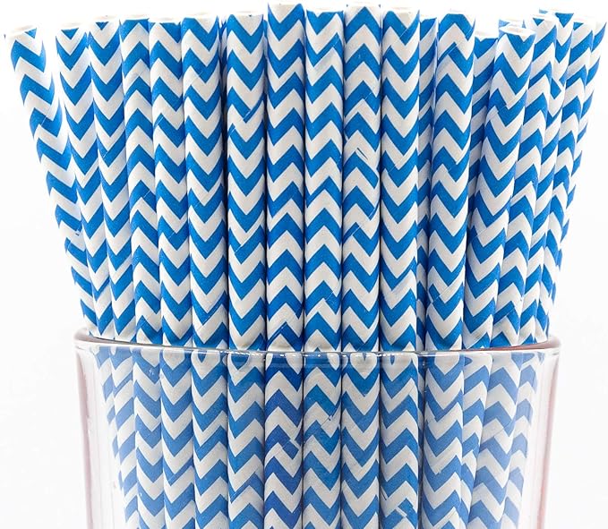 Pack of 150 Sky Blue Chevron Biodegradable 4-Ply Paper Drinking Straws by Stephanie+Imports