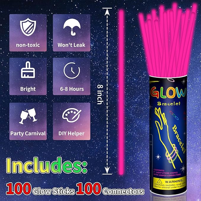 100 Pack 8” Pink Glow Sticks Bulk - Image 2