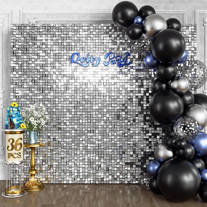 Qcity Silver Shimmer Wall Backdrop 36PCS, Square Sequin Glitter Backdrop Panel by QCITY