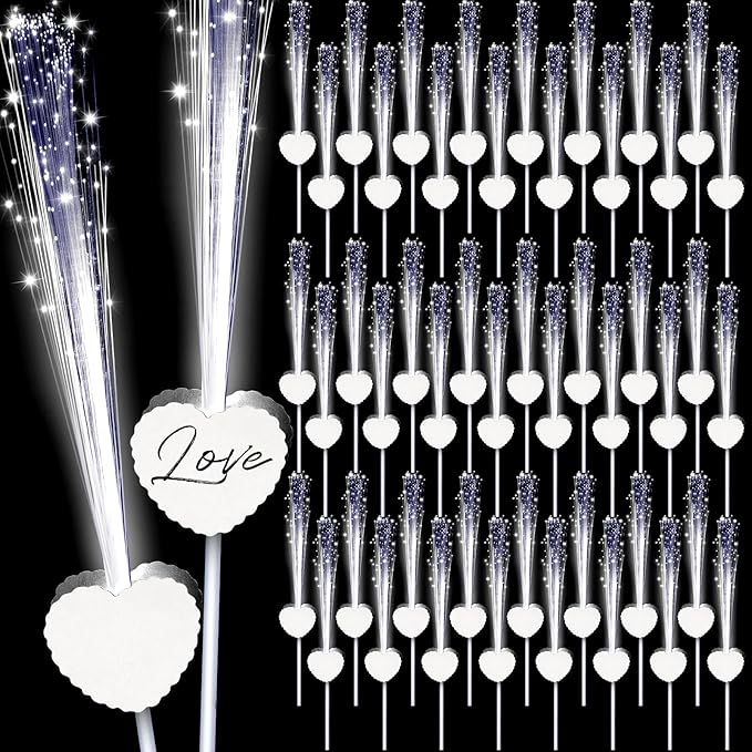 50 Pcs Wedding Sparklers Heart Shaped LED Glow Sticks Fiber Optic Wands Light by Tujoe