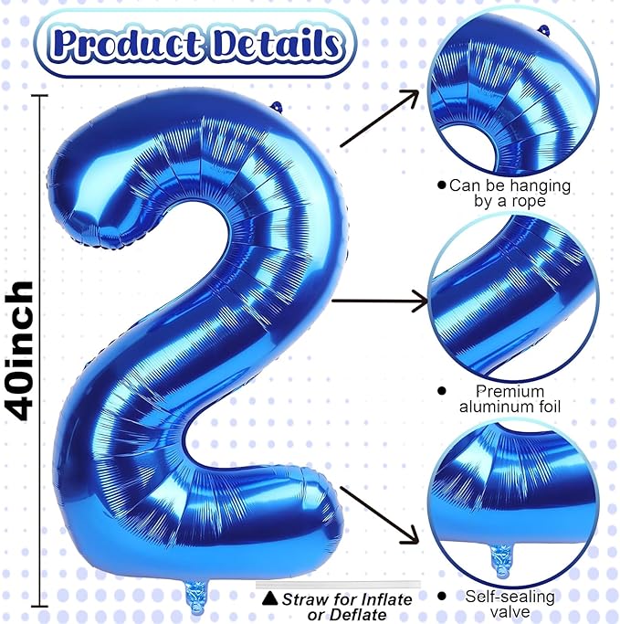 40 Inch Balloon Number 2 Navy Blue, Large Foil Dark Royal Blue Number Balloons - Image 2