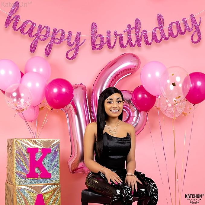 KatchOn, Glitter Pink Cursive Happy Birthday Banner - Image 7