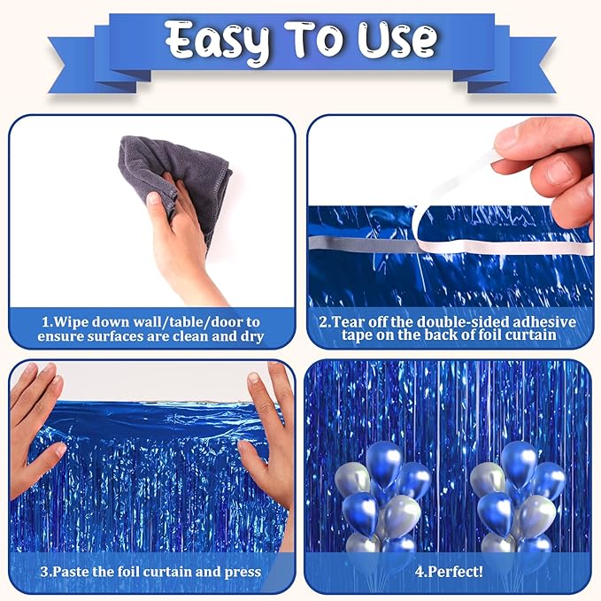 3 Pack 3.3x8.2 Feet Blue Foil Fringe Backdrop Curtains, Tinsel Streamers - Image 4